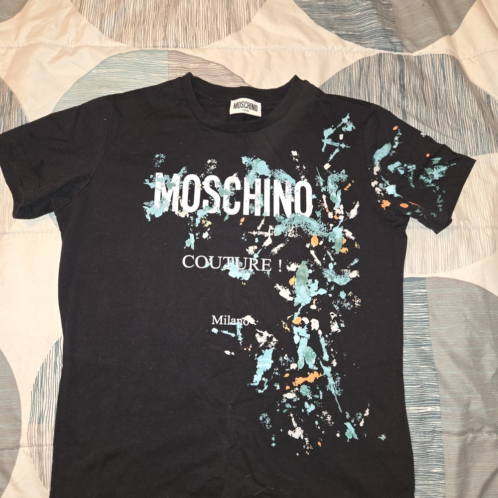 Moschino Black Tee with Turquoise and Orange Paint-Splash